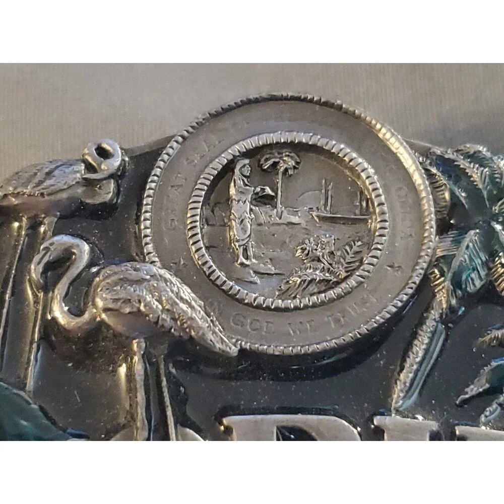 Vtg 1986 Siskiyou Florida State Belt Buckle Flamingo Alligator Oranges Made USA